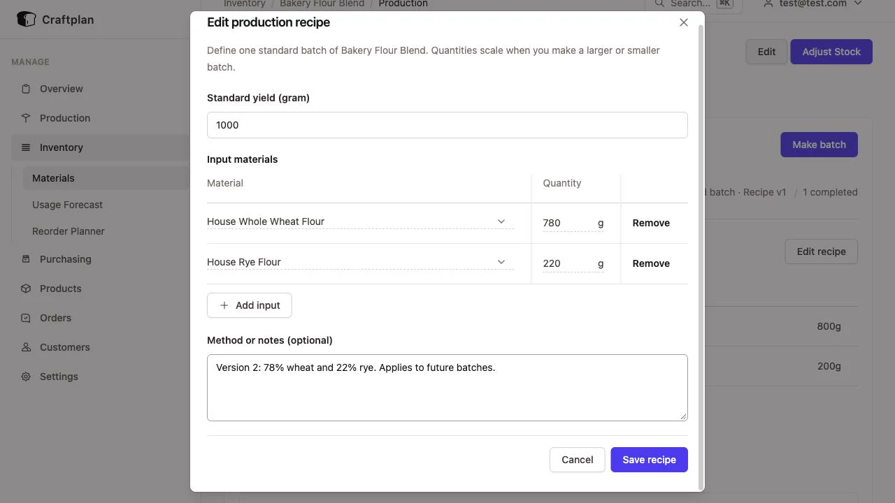 Recipe editor with Material and Quantity table columns, flat editable inputs, gram unit labels, and Remove actions