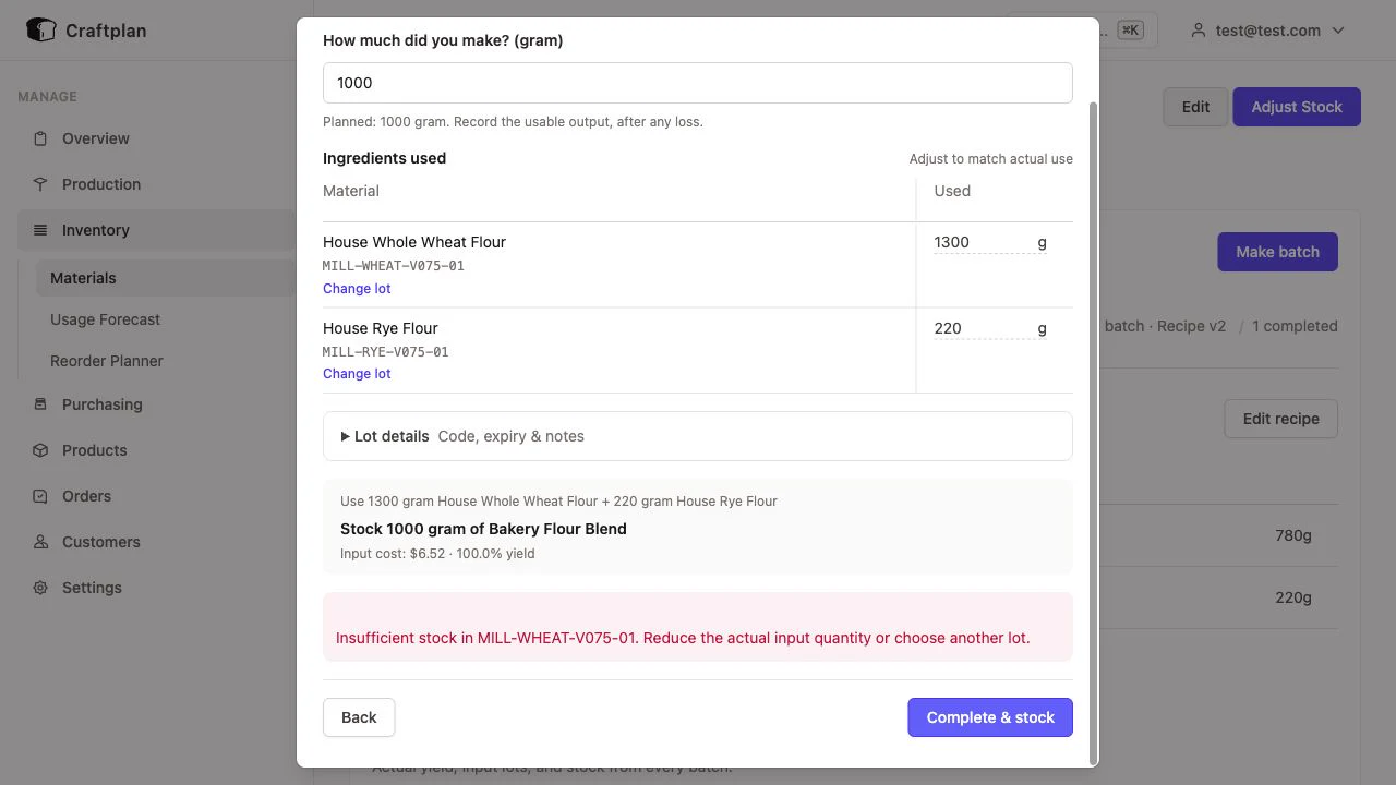 Make batch form rejecting a request for 1,300 g of wheat from a lot with only 1,200 g available
