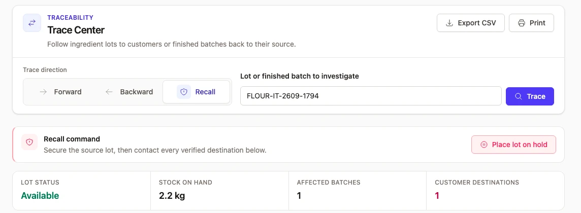 Craftplan Trace Center in recall mode showing the source lot, the hold action, and affected-scope totals