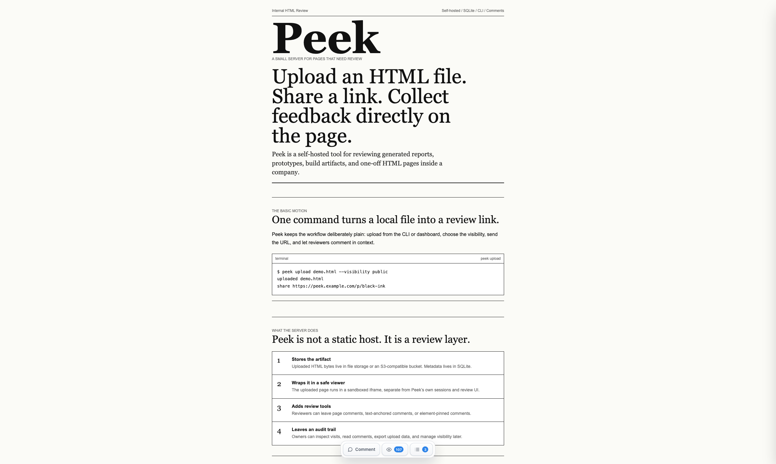 Peek shared-page viewer with an HTML report and in-context comments