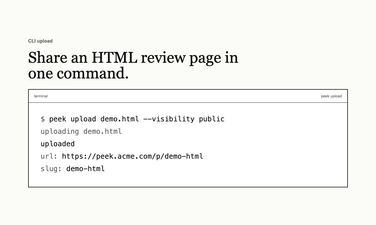 Terminal-style Peek CLI upload output with a generated review URL