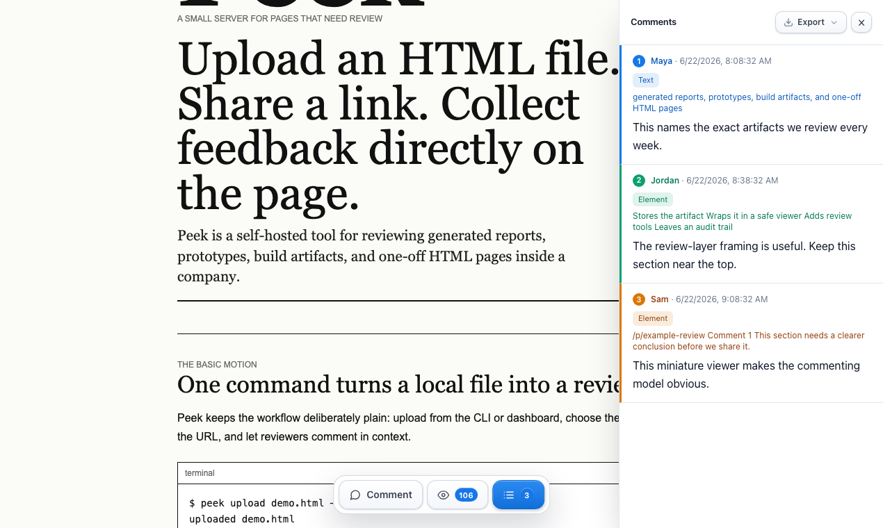 Peek shared-page viewer with the comments panel open
