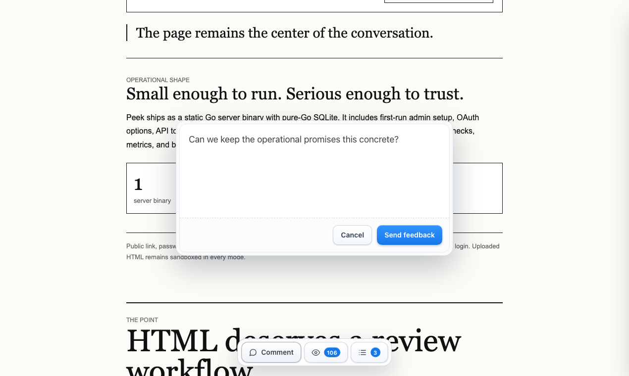 Peek element comment mode with a feedback composer open on a report section
