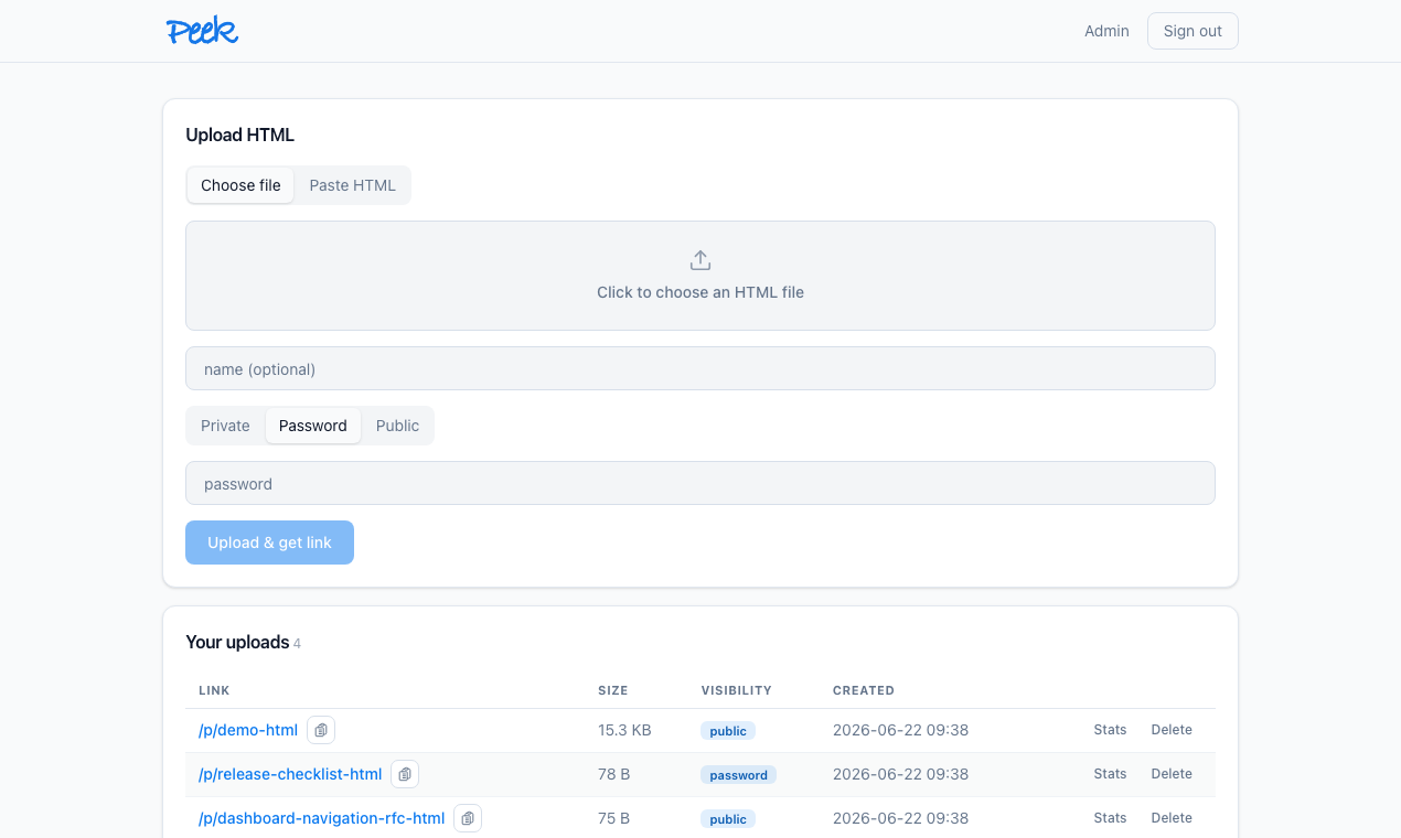 Peek dashboard with the upload form and uploads table