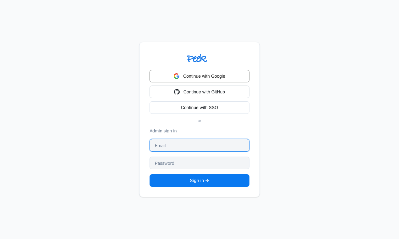 Peek sign-in page with Google, GitHub, and SSO OAuth buttons