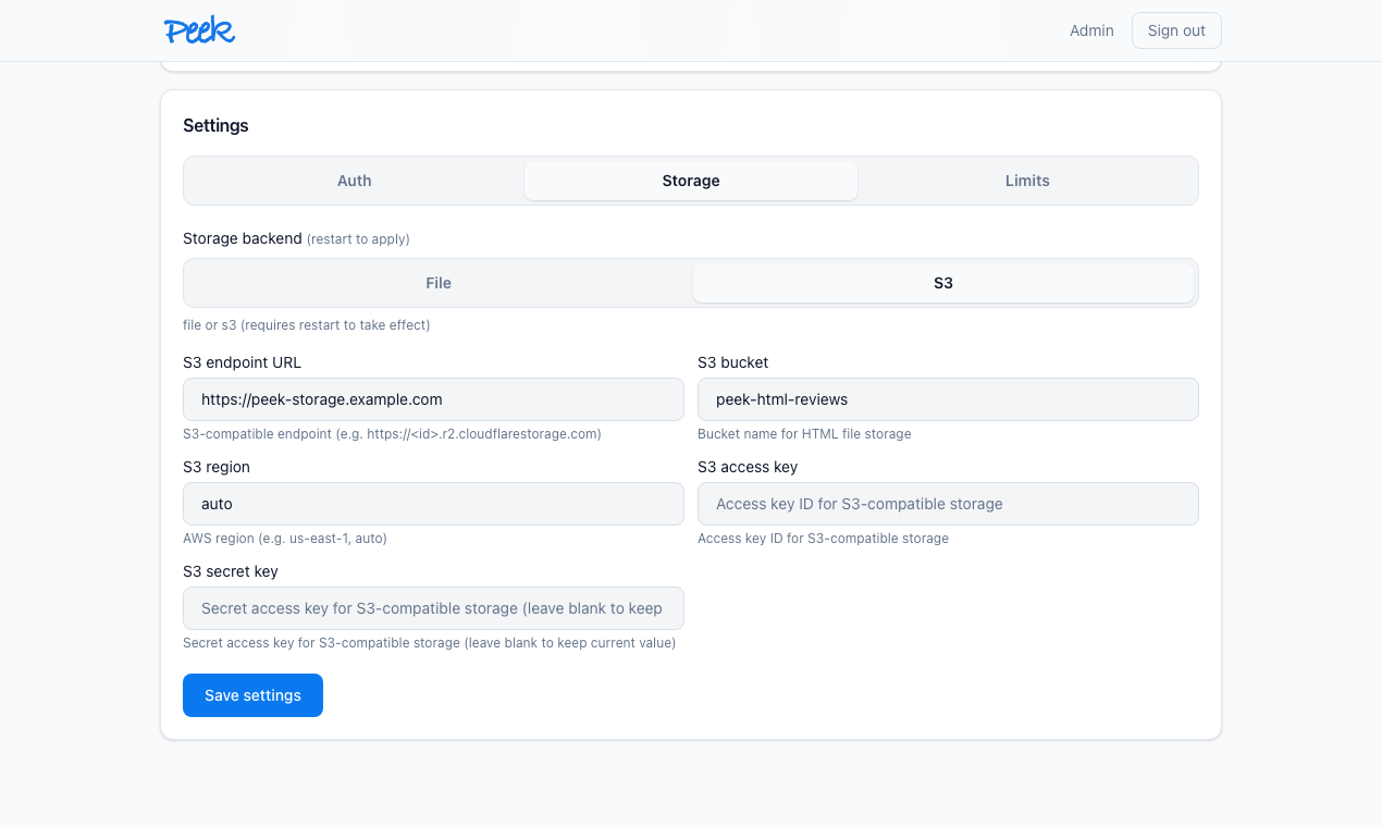 Peek Settings Storage tab with S3 selected and endpoint, bucket, region, access key, and secret fields visible