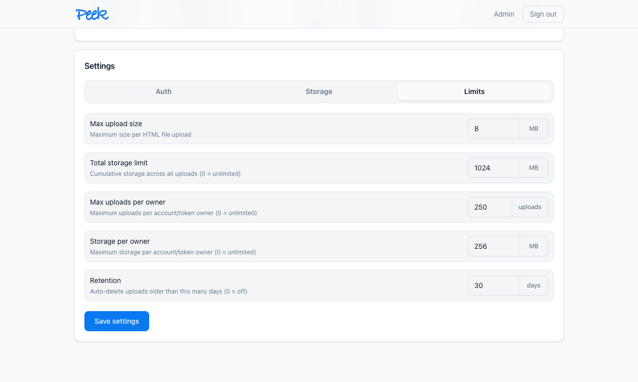 Peek Settings Limits tab showing upload size, total storage, per-owner quotas, and retention controls
